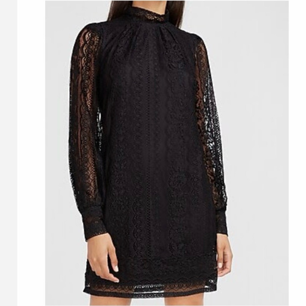 Express Black Lace Long-Sleeve High Mock Neck Mini Dress